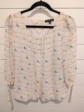 Sara Michelle cream blouse with fun colorful birds whimsical 3/4 sleeve S